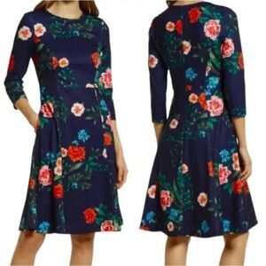Eliza J. fit and flare jersey knit‎ floral print navy blue dress, size 8